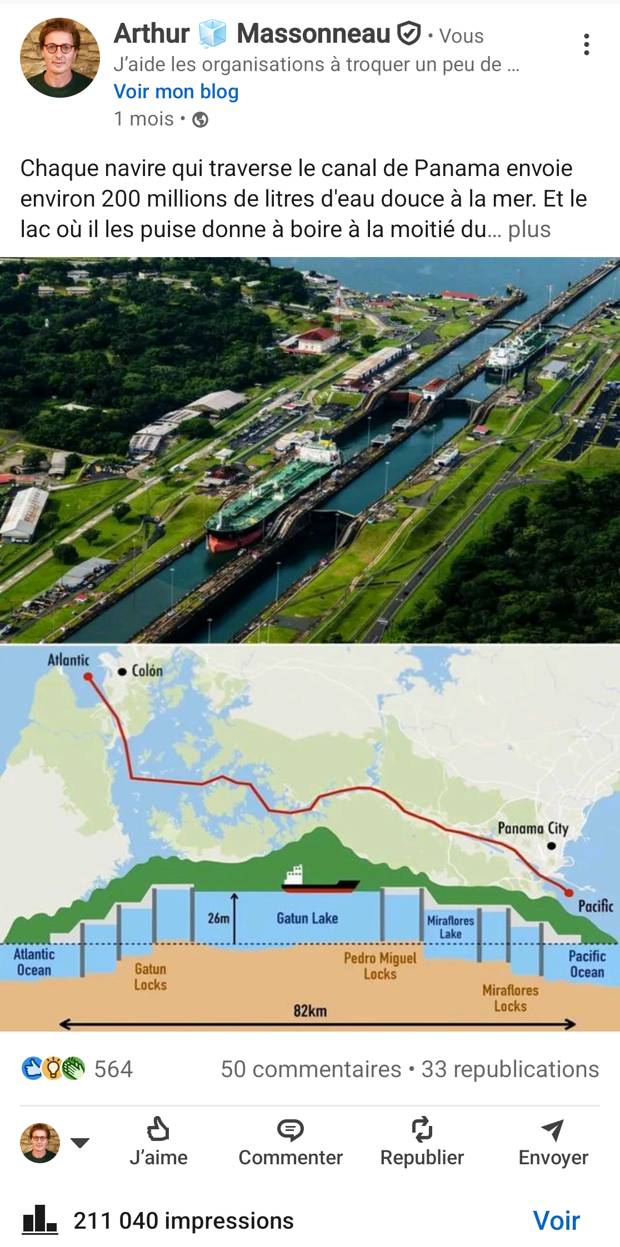 Post sur le canal de Panama, qui envoie 200 millions de litres d'eau douce à la mer à chaque passage de navire
