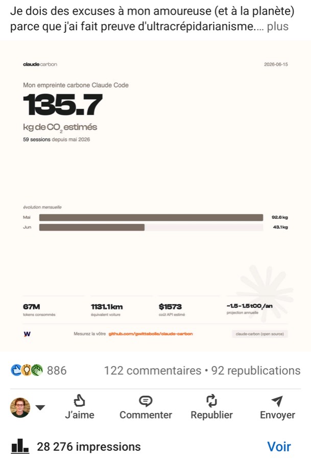 Post sur l'empreinte carbone de mes usages de Claude Code, 135,7 kg de CO2 estimés
