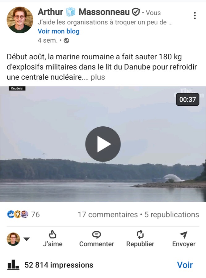 Post sur la marine roumaine qui dynamite le lit du Danube pour refroidir une centrale nucléaire